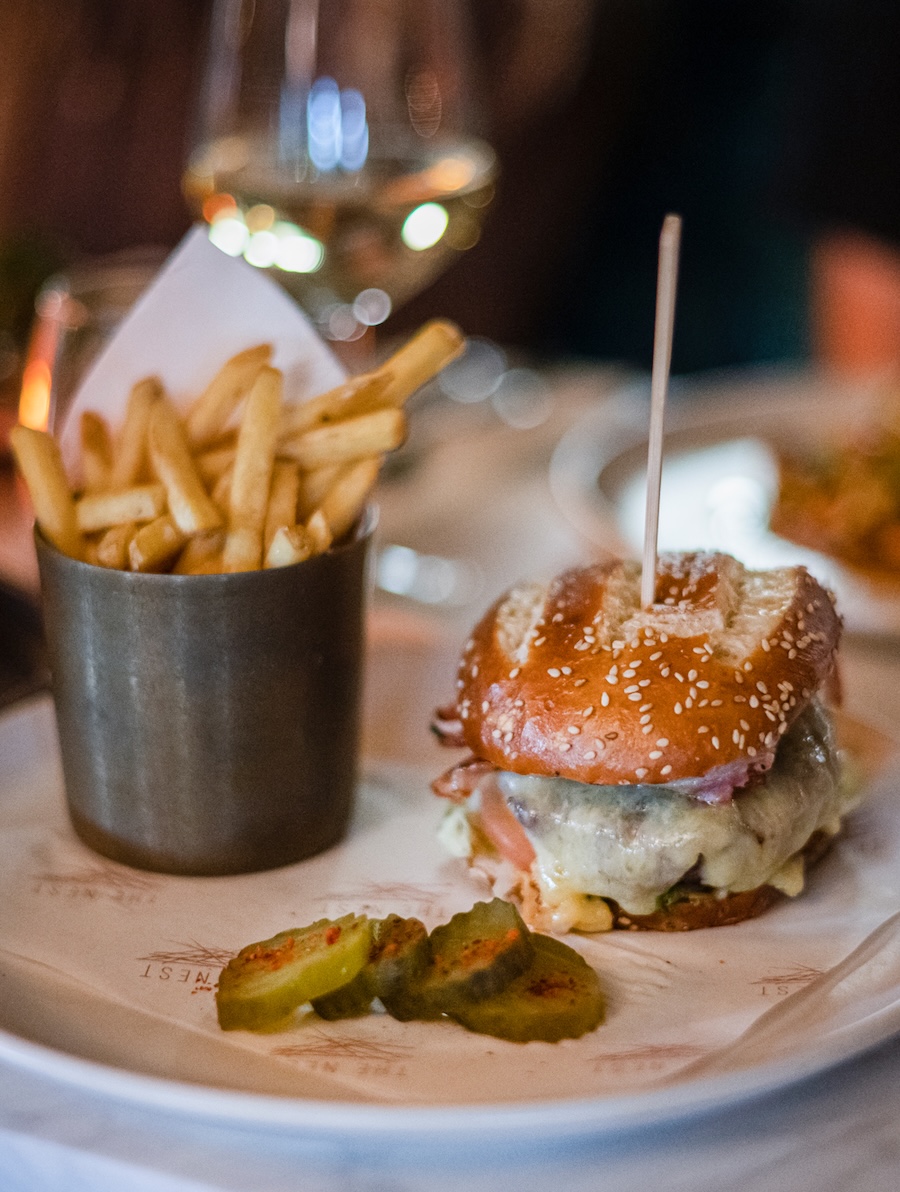 Cheeseburger on a sesame bun with melted cheese, served with fries in a metal cup and pickle slices on the plate.